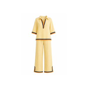 Women's Long Two-Piece Long Set with Turn Down Collar And Trim Detail Casual Wear Breathable Women's Wholesale Yellow Co-<b>red</b> Set - Product Image 1