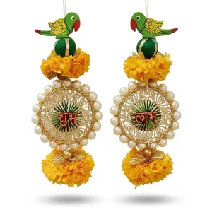 Traditional Yellow Marigold Hanging Toran with White Floral <b>Strings</b> and Decorative Peacock Bells for Door Wall Pooja Festival Ho - Product Image 5