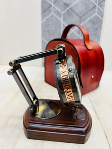 OLD WORLD TREASURE HANDICRAFTS Modern Brass <b>Desk</b> <b>Clock</b> with Leather Case & Wooden Stand Handmade and Portable - Product Image 3