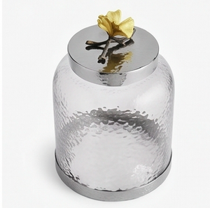 Récipient alimentaire rond en verre avec couvercle en métal, motif floral gravé, pot de rangement minimaliste pour la cuisine et la maison - Product Image 1