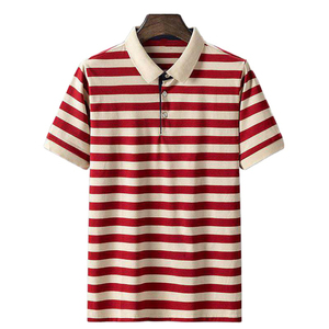 เสื้อโปโลแขนสั้นลายทางสีแดงและสีครีมสำหรับผู้ชาย ทรงปกติ ผ้าถักลำลอง ติดกระดุมด้านหน้า - Product Image 4