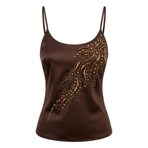 Élégante Camisole Marron en Soie Satinée à Bretelles Fines avec Ornements Perlés pour Femme, Col Rond - Product Image 1