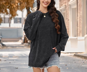 T-shirts à manches longues pour femmes, grandes tailles, coupe ample, délavés à l'acide, style vintage décontracté, col rond, confortables, direct usine - Product Image 5