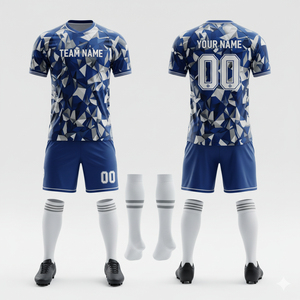 ชุดฟุตบอลแบบ sublimated สั่งทำ OEM ลายพิมพ์เรขาคณิต สีน้ำเงินขาว คอวี แขนสั้น ผ้าโพลีเอสเตอร์ระบายอากาศ ชุดยูนิฟอร์มสำหรับผู้ใหญ่ แบบ unisex - Product Image 1