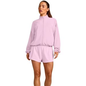 Pink <b>Women's</b> Polyester Windbreaker <b>Jacket</b> Custom Logo Letter Print Full Zip High Neck <b>Lightweight</b> Outdoor Streetwear OEM Apparel - Product Image 3