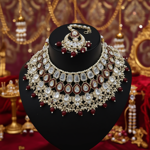 Conjunto de Collar de Moda con Ópalo, Kundan, Diamantes y Circonitas - Cadenas Chapadas en Oro - Product Image 3