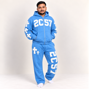 Ensemble survêtement homme bleu ciel personnalisé avec sweat à capuche zippé et pantalon de jogging brodé effet usé REXFIT SPORTS OEM Vente en gros - Product Image 3