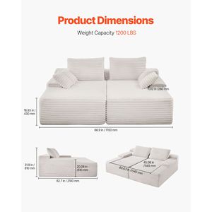 Divano Sezionale Oversize in Tessuto Corduroy da 82,7 Pollici, Comodo Divanetto a Seduta Profonda con Morbidi Cuscini, Doppia Chaise Longue per Camera da Letto - Product Image 3
