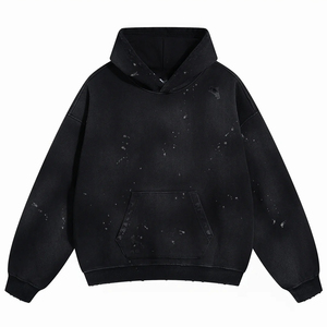 เสื้อฮู้ดดี้แบบขายส่ง 330gsm สีซีดจาง สไตล์วินเทจ สำหรับฤดูใบไม้ผลิและฤดูใบไม้ร่วง คุณภาพระดับ E ไม่มีเชือกผูก สำหรับผู้ชาย สีเทาฟอกกรด - Product Image 1