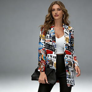 Hot sale on Temu Womens Graffiti Graphic Blazer Casual Open Front <b>Long</b> Sleeve Lapel Jacket Lightweight <b>Cardigan</b> for Spring Fall - Product Image 2