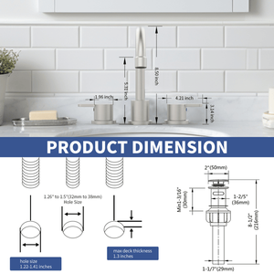 Grifo de lavabo de baño de 8 pulgadas con 2 manijas, 3 orificios, caño giratorio 360 grados, de amplio alcance, de níquel cepillado, con desagüe de botón, para lavabo de tocador - Product Image 2