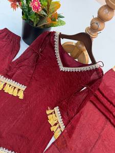 Burgundy Ethnic <b>Shawl</b> Tassel Border Sheer Scarf Dupatta for <b>Wedding</b> Festival Apparel - Product Image 6
