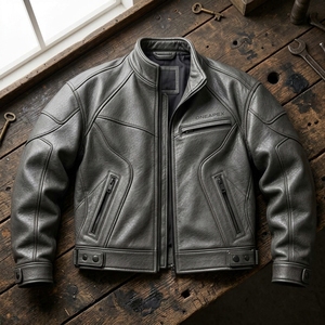 Men Gray Leather Stand Collar Collar Zipper <b>Jacket</b> Motorcycle <b>Racer</b> <b>Jacket</b> Custom Motorcycle Leather <b>Jacket</b> Wholesale - Product Image 3