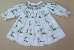Hand Smocked Christmas Dress for Girls, Santa & Winter Tree Print Long Sleeve White Children Party Dress - Product Image 6