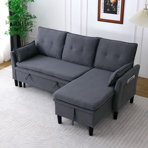 Dark <b>Grey</b> Reversible L-Shaped Chaise Sectional Sofa with <b>Storage</b> Cotton Linen for Office and Apartment Use - Product Image 2