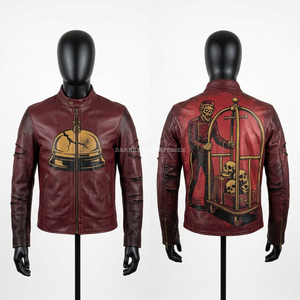 Grey Black Leather <b>Racing</b> <b>Jacket</b> Headless Monk Graphic Axe Print Gothic Streetwear Biker Outerwear Custom Manufacturer Direct - Product Image 5