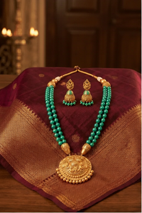 Traditional Temple Wedding Gift Jewelry Set Green Beaded Gold Plated Brass Necklace and Earrings Antique Style <b>for</b> Women - Product Image 5