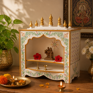 Mandir de Pooja de Madera Blanca de Lujo con Diseño Floral Pintado a Mano |   Altar Tradicional para el Hogar, Templo para el Culto Hindú - Product Image 1