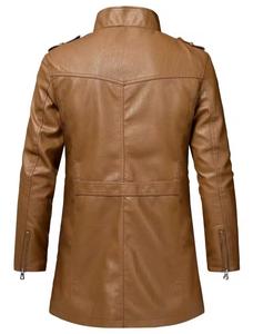 Unisex <b>Brown</b> Genuine <b>Leather</b> Motorcycle <b>Jacket</b> Front Stand Collar Zipper Closure Slim Fit Casual Autumn Style Regular Sleeve - Product Image 2