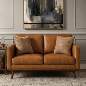 Midcentury Modern Genuine Leather Two Seat <b>Sofa</b> Tight Back Straight Arm <b>Wood</b> Legs Living Room Furniture Leather <b>Sofa</b> - Product Image 1