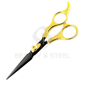 Ciseaux de coiffure professionnels noirs mats avec manche sculpté ornementé et vis de réglage pivotante - Product Image 1