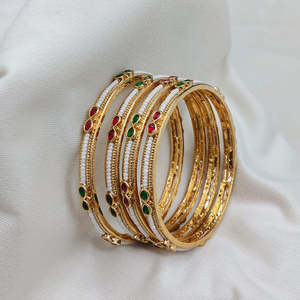 Gold Plated Brass and Alloy Diamond Pearl <b>Bangles</b> <b>Set</b> for Wedding Anniversary - Product Image 1