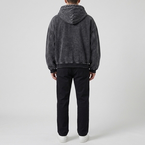 Blouson à capuche zippé en jean noir délavé pour homme, style streetwear oversize, sweat-shirt molletonné effet usé, vêtements personnalisés en gros - Product Image 5