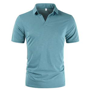 เสื้อโปโลผู้ชายแขนสั้นสีพื้นผ้าถักสไตล์ลำลองทรงปกติสีฟ้าอมเขียว - Product Image 1