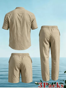 2026 Summer Vacation Style Men's Khaki 100% Cotton Satin Short Sleeve Shirt Long Pants Shorts Set Casual Beach 2pcs Quick Dry - Product Image 2