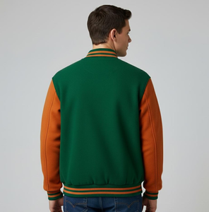 Veste universitaire unisexe verte et orange |   Blouson bomber en polaire |   Veste de sport Holiday Streetwear à blocs de couleurs vert et orange, style universitaire, taille régulière - Product Image 5
