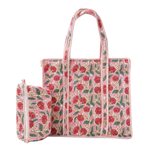 Sac fourre-tout bohème floral imprimé au bloc de Jaipur + Trousse de toilette assortie à fermeture éclair en pur coton matelassé durable et réutilisable - Product Image 1