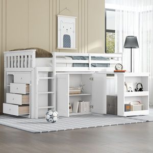 Lit superposé en bois d'hévéa avec armoire de rangement et bureau coulissant, lits pour enfants avec barrière de sécurité - Product Image 4