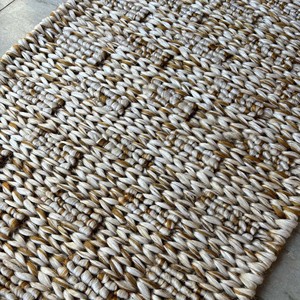Hand Knotted Jute Area Rug Braided Chunky Loop Cream & Golden Modern Home Luxury Extra Thick PET Friendly - Product Image 1