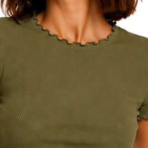 Olive Green Ribbed Crop <b>Top</b> Women Short Sleeve Lettuce Trim Crew Neck Cotton Spandex Slim Fit Casual Summer T Shirt Custom OEM - Product Image 5