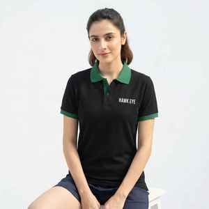 <b>Women's</b> Black <b>Polo</b> Shirt With Green Collar And Cuffs Embroidered Hawk Eye Logo Casual Short Sleeve Pique Cotton <b>Top</b> - Product Image 5