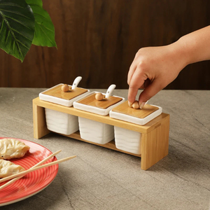 Durable Ceramic Spice <b>Containers</b> With Wooden Lids Airtight Divided <b>Storage</b> Box <b>For</b> <b>Kitchen</b> Minimalist Design Handcrafted Set - Product Image 1