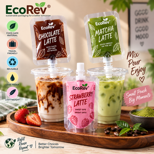 บรรจุภัณฑ์เครื่องดื่มแบบซอง EcoRev ป้องกันการรั่วซึม ใช้ซ้ำได้ เกรดอาหาร ผลิตจาก PET PE เคลือบผิว เหมาะสำหรับการเดินทาง - Product Image 1