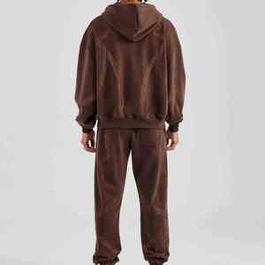 Ensemble de survêtement à capuche pour homme, imprimé géométrique marron, fermeture éclair intégrale, coupe décontractée, sweat-shirt et pantalon en coton, tenue d'automne - Product Image 6