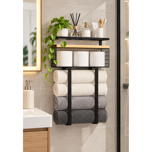 Étagère de rangement murale pour salle de bain, trois niveaux, en métal, avec porte-serviettes et porte-papier toilette, style industriel - Product Image 4