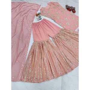 Top de fiesta de mujer de diseñador y conjunto Dupatta elegante Plazzo con hermosos adornos - Product Image 3