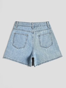 Short de sport décontracté pour femme en jean élastique taille haute avec cordon de serrage, coupe droite, délavé, idéal pour l'été - Product Image 2