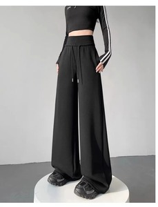 Pantalones Anchos de Cintura Alta con Cordón Elástico para Mujer, Color Sólido, Corte Holgado, Largos, Negros, de Punto, Poliéster, Primavera, HOOGLE ENTERPRISES - Product Image 1
