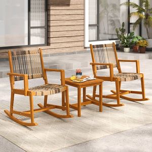 Set da Patio a 3 Pezzi in Legno di Acacia, Sedia a Dondolo con Seduta e Schienale in Rattan - Product Image 2