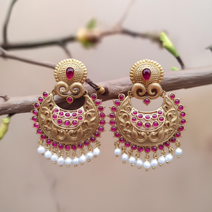 Matte Gold Plated Hoop Drop Earrings with Ruby Stone and Pearl - Product Image 3