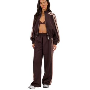 Women Full <b>Zip</b> Tracksuit Set Contrast Piping Straight Leg <b>Trousers</b> Drawstring Waist Two Piece Relaxed Streetwear Clothing - Product Image 6
