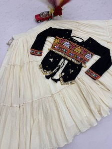 Traditional Indian Cotton <b>Lehenga</b> Set With Embroidered <b>Red</b> Crop Top And Cream Floor-Length Skirt For Women <b>Wedding</b> Wear - Product Image 2