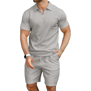 Quick Dry 100% Cotton Breathable <b>Knitted</b> Solid Men's Summer Street Style Suits Two Piece Golf Polo Shirts and Shorts <b>Set</b> - Product Image 1