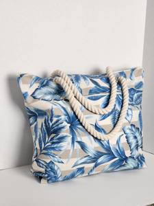 Sac à main à motif de feuilles tropicales bleues pour femmes, sac à bandoulière en corde de chanvre POD Dropship, sac de plage spacieux et durable pour femmes - Product Image 3