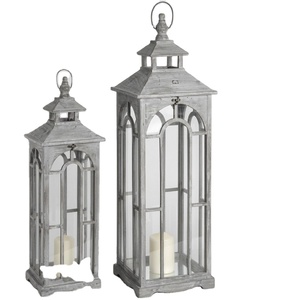 Wholesale <b>Set</b> Of 2 Grey Wooden <b>Lanterns</b> With Archway Design Finish Indoor Outdoor Decorative Candle Holder For Home Garden Use - Product Image 1