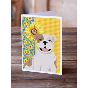 Whimsical Summer Sunflowers Piebald English Bulldog Tarjetas de felicitación Pack 8 Tarjetas de nota en blanco A7 Tamaño 5x7 con sobres - Product Image 2
